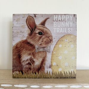 Happy Bunny Trails Easter Sign Bunny with Egg Easter and Spring Home Decor